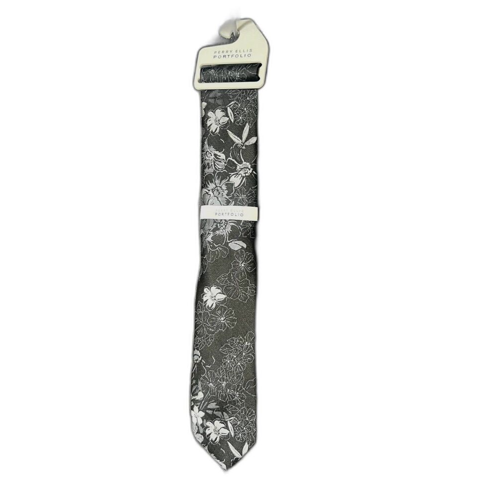 PERRY ELLIS Mens Hutton Floral Tie Business Wedding Dress Grey & White SZ OS:NWT